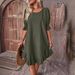 2026 Spring/Summer European And American Cross-Border Women's Vintage Cotton-Linen Mid-Sleeve Round-Neck Solid_ecoleips.com
