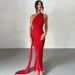 Dulzura One Shoulder Backless Ruched Slim Ribbon Long Dress Women Solid Sexy Elegant Dress Evening Party Club Prom Summer Outfit_ecoleips.com