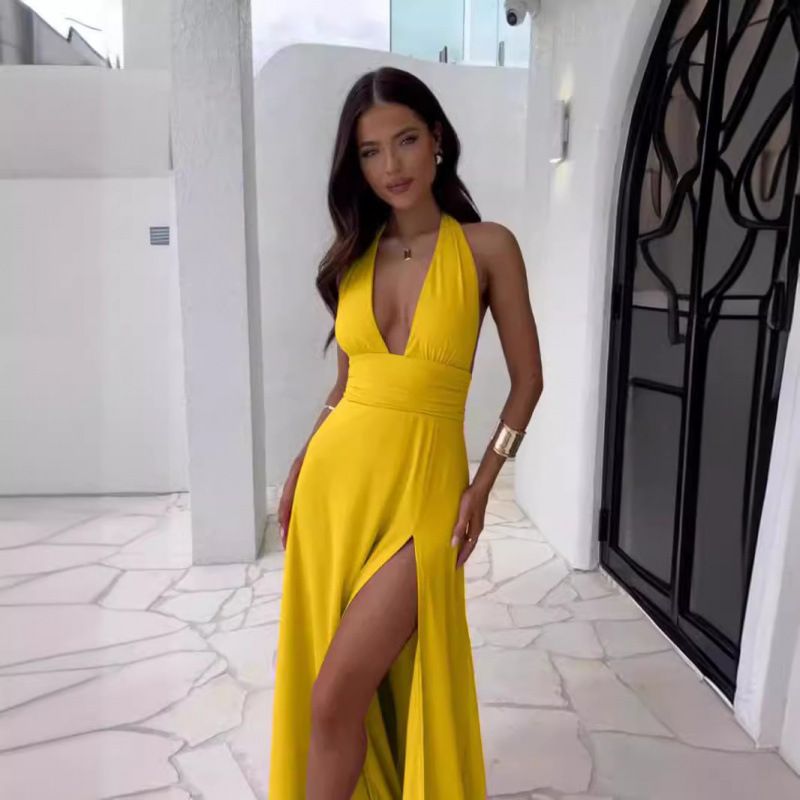 Women's Clothing Spring New Women's Temperament Halter V Neck Slit Long Solid Color Dress_ecoleips.com