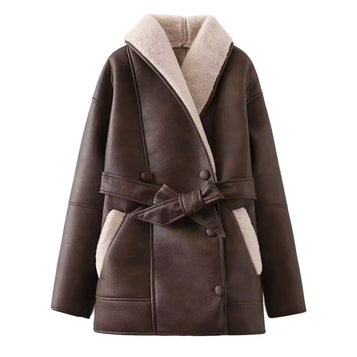 Two-Tone Faux Fur Trench Coat – French-Inspired Oversized Women’s Outerwear With 3D Texture, Boho Chic & Street Style (Brown/Black, XS-L)_ecoleips.com