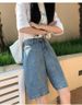 K Cowboy Retro Denim Shorts Women's New High Waisted Straight Leg Five Quarter Pants Loose Wide Leg Shorts_ecoleips.com