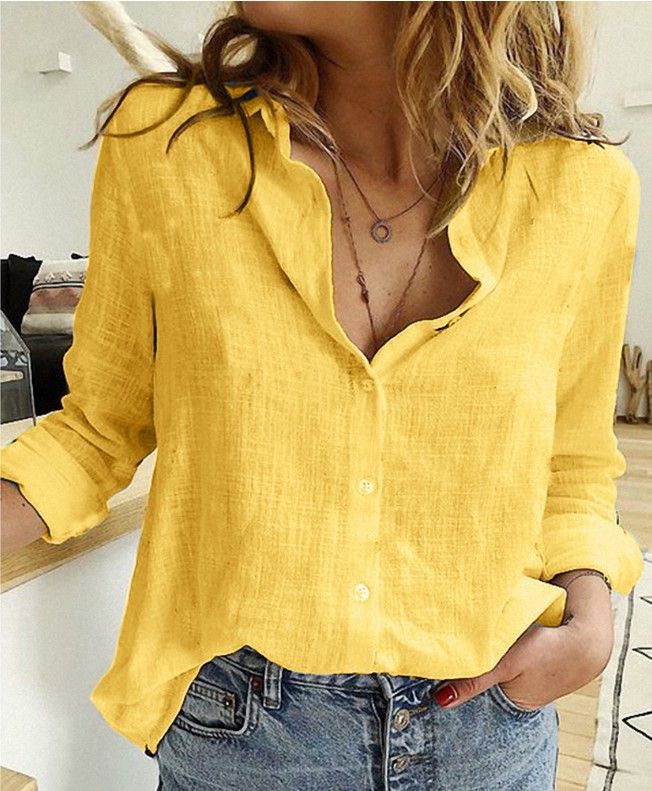 Women's Clothing Spring And Autumn Solid Color Casual Loose Long Sleeved Linen Shirt_ecoleips.com
