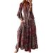 Women's Bohemian Style Printed Dress V-Neck High Waist Bell Sleeves Long Floral Print for Resort European American Fashion_ecoleips.com