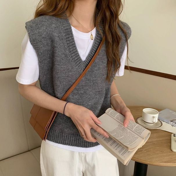 Women's Oversized V-Neck Knit Vest – Chunky Cable Cardigan, Casual Layering Piece For Spring & Fall_ecoleips.com