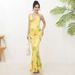Yellow Green Tie Dye Satin Halter Mermaid Maxi Dress, Cowl Neck Backless Ruched High Stretch Bodycon Evening Party Gown_ecoleips.com