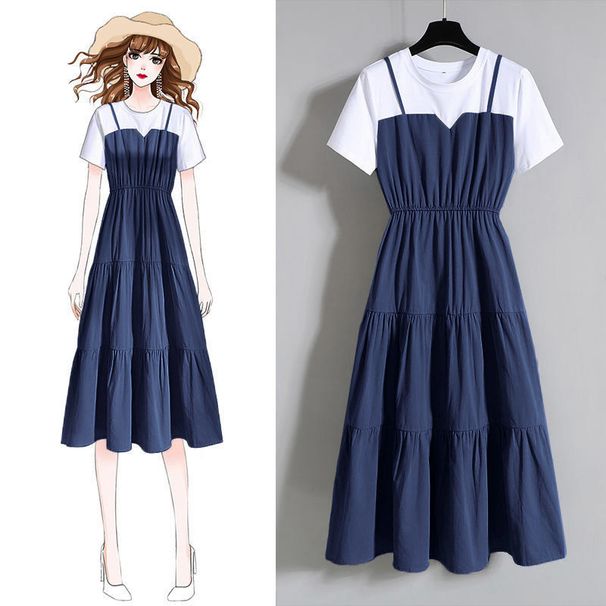 plus Size Women's Fashion Faux Two-Piece Long Dress Summer 2026 Chinese Style Slimming Short-Sleeved Suspender Dress for Chubby Girls_ecoleips.com