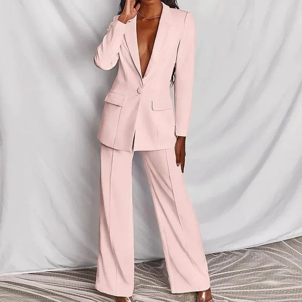 Elegant Women's Blazer & Pants Set – Stretch Poly-Cotton Office To Casual Suit (Black, White, Pink, Yellow, Blue, Brown, Rose, S-5XL)_ecoleips.com
