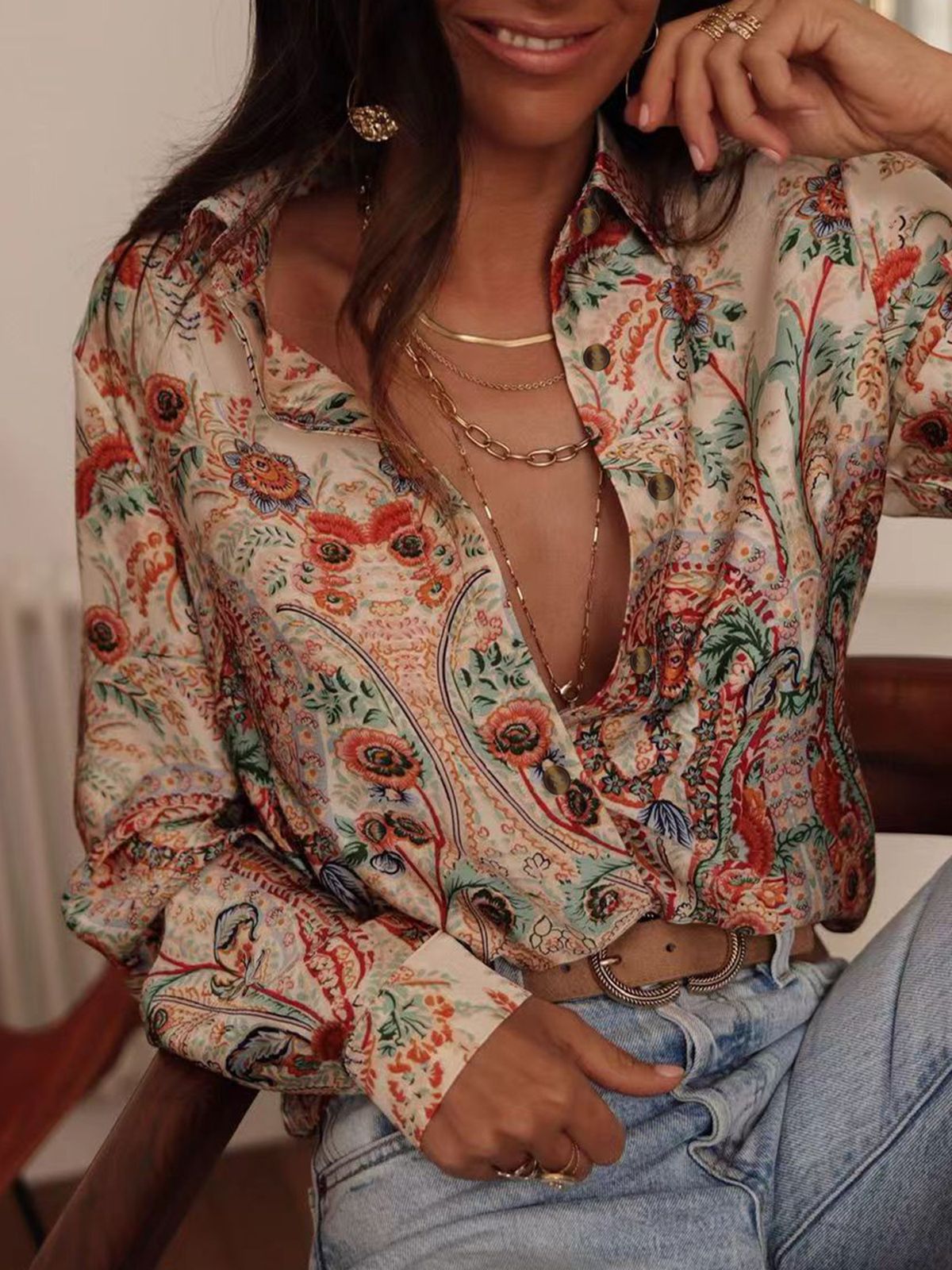 Elegant Women's Floral Print Long Sleeve Shirt Casual Vacation Blouse with Collar Breathable Stylish Summer Top_ecoleips.com