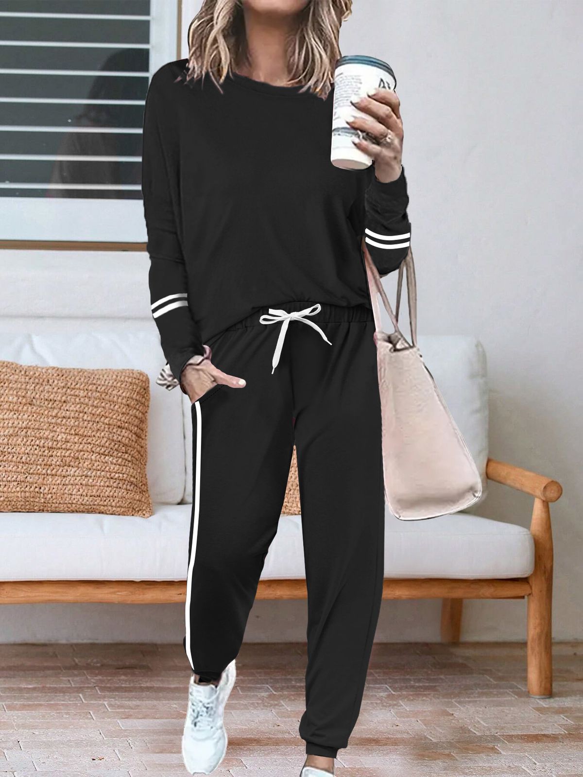 Women's Long Sleeve Round Neck Top And Pants Set With Side Stripes - Casual Two-Piece Outfit For Everyday Wear_ecoleips.com