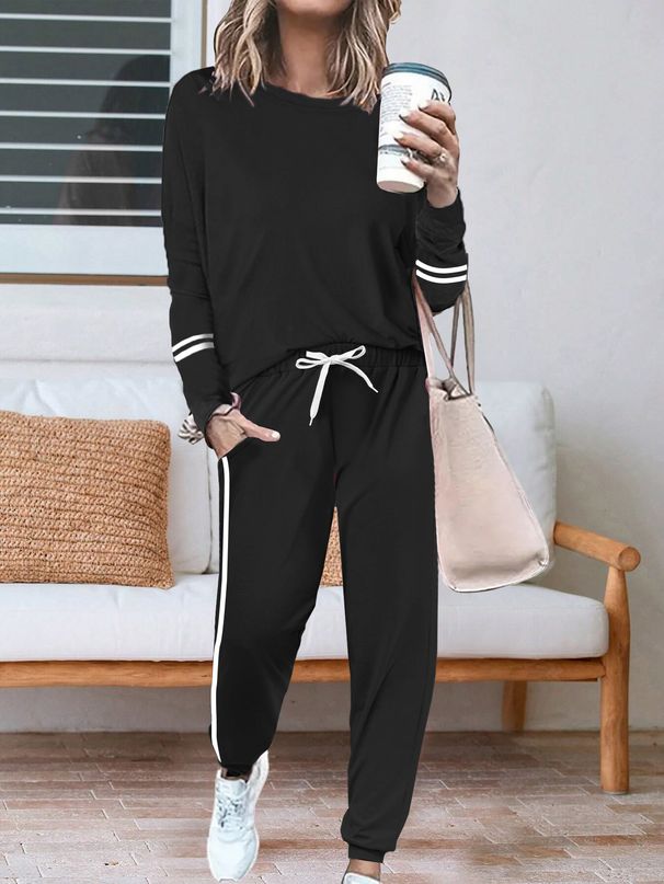 Women's Long Sleeve Round Neck Top And Pants Set With Side Stripes - Casual Two-Piece Outfit For Everyday Wear_ecoleips.com