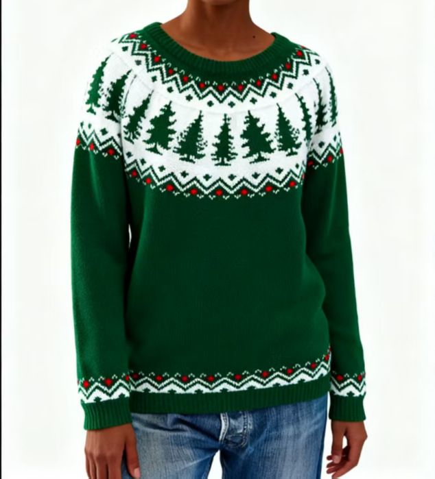 "Christmas Tree Knit Sweater Women's - Festive Jacquard Pullover (S-XXXXL, Round Neck, Acrylic Blend, Cozy Holiday Party Wear)"_ecoleips.com