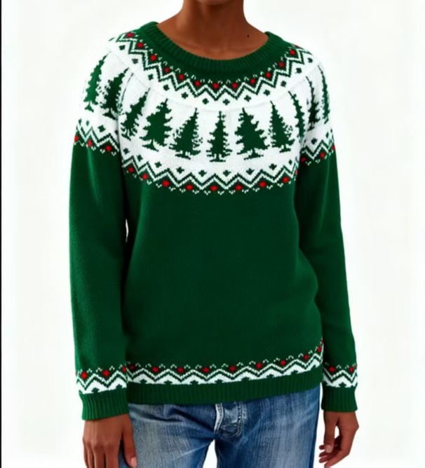 "Christmas Tree Knit Sweater Women's - Festive Jacquard Pullover (S-XXXXL, Round Neck, Acrylic Blend, Cozy Holiday Party Wear)"_ecoleips.com