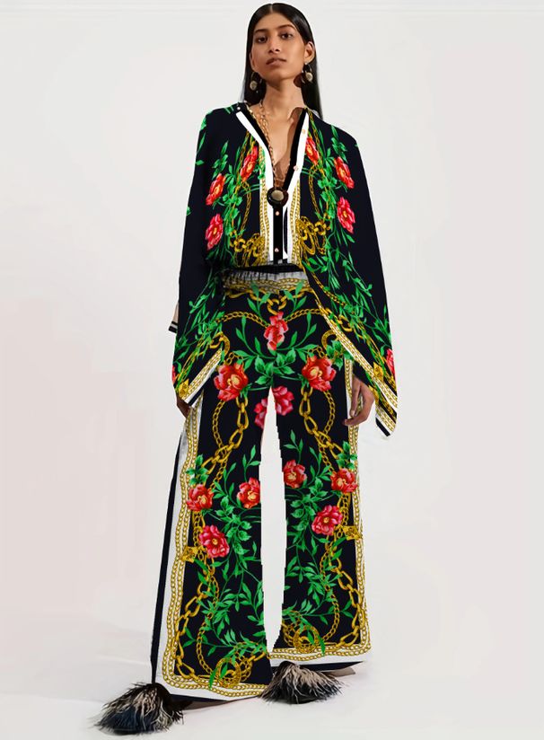 European And American Cross-border Women's Clothing, Ethnic Style Retro Patterned Set, Loose Bat-sleeve Shawl Shirt,_ecoleips.com