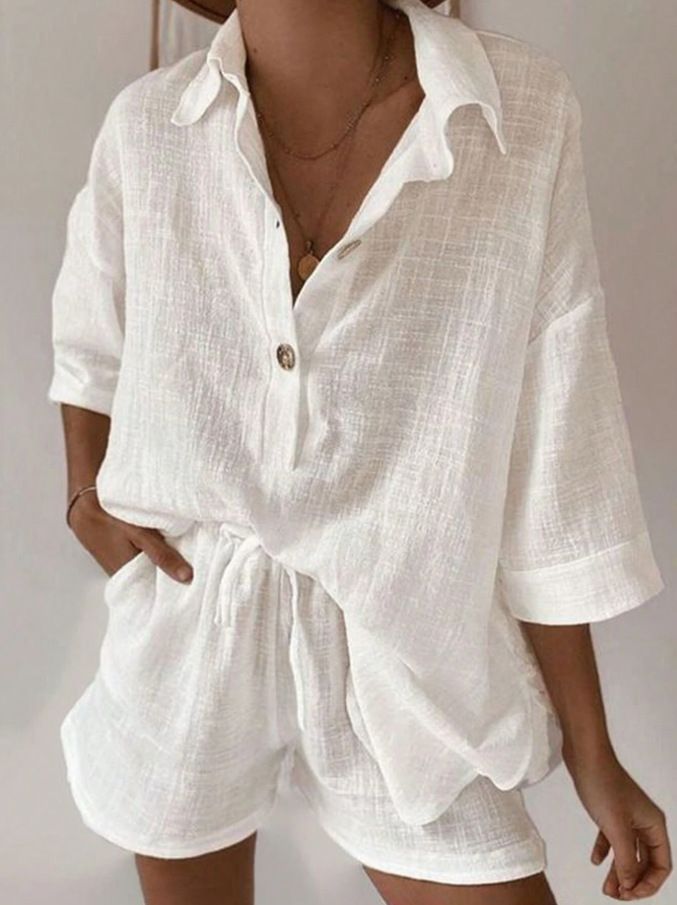 Linen-Cotton Blend Summer Two-Piece Set For Women – Button-Down Shirt With Tie-Waist Shorts In Classic Colors (S-XXL)_ecoleips.com