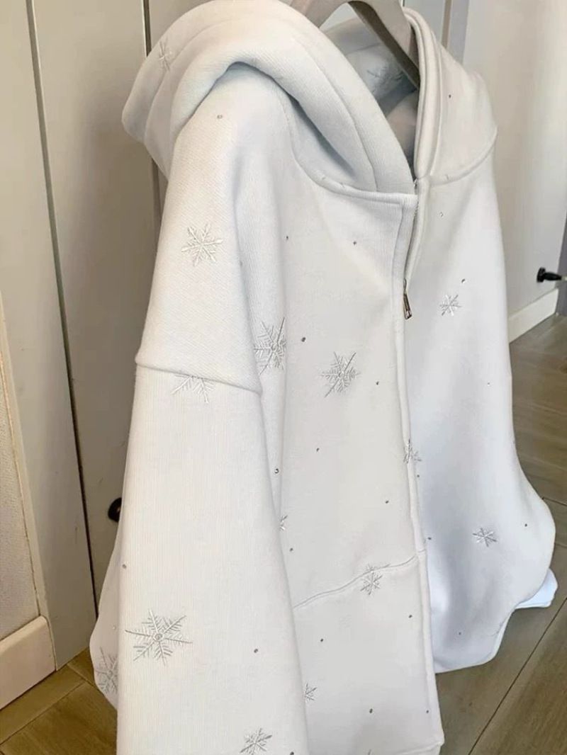 Blue Snowflake Embroidered High-end Cardigan Hooded Sweatshirt For Women, Autumn And Winter, Fleece-lined, Thickened,_ecoleips.com