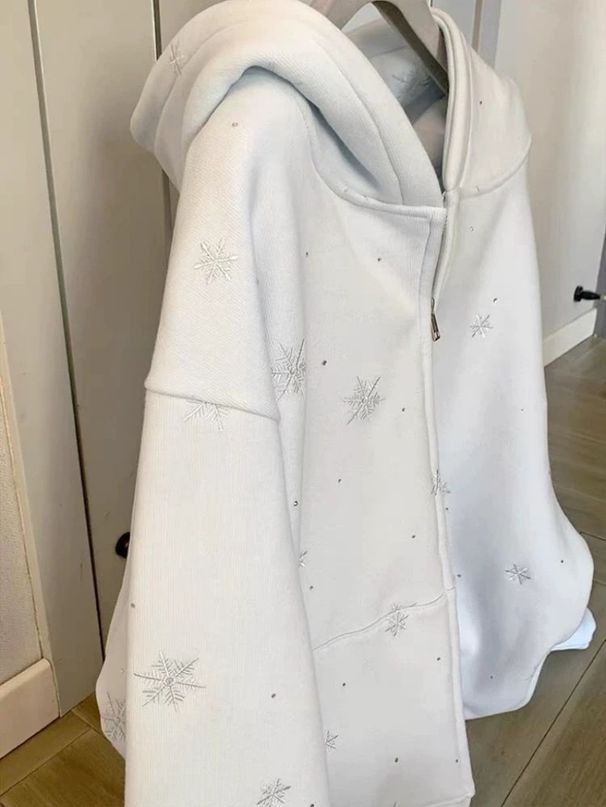 Blue Snowflake Embroidered High-end Cardigan Hooded Sweatshirt For Women, Autumn And Winter, Fleece-lined, Thickened,_ecoleips.com