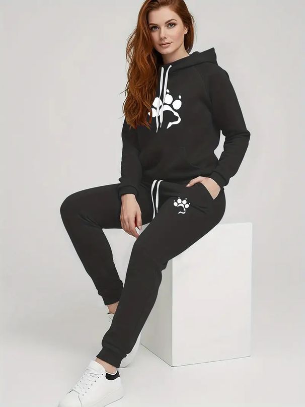 Trendy Fleece-Lined Hoodie Set With Paw Print Design - Women's Casual Long-Sleeve Pullover & Pants Outfit (250g Thick Fabric, Multiple Colors & Sizes)_ecoleips.com
