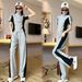 Summer 2025 New Casual Sports Color-Block Outfit Women, Stylish Zipper Short-Sleeve Wide-Leg Pants Slimming Two-Piece_ecoleips.com