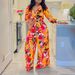 Women's Fashion Print Two-piece Suit Lapel Tie Shirt Wide Leg Pants Suit_ecoleips.com