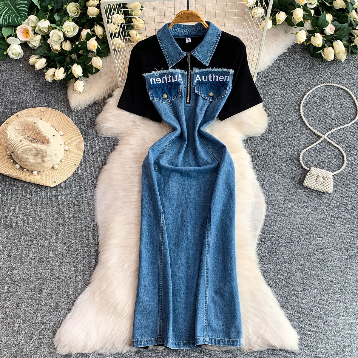 Retro Cowgirl Denim Dress – High-Waisted Fringe Zip-Up Mini Dress With Thigh Slit, Vintage Y2K Style For Summer_ecoleips.com
