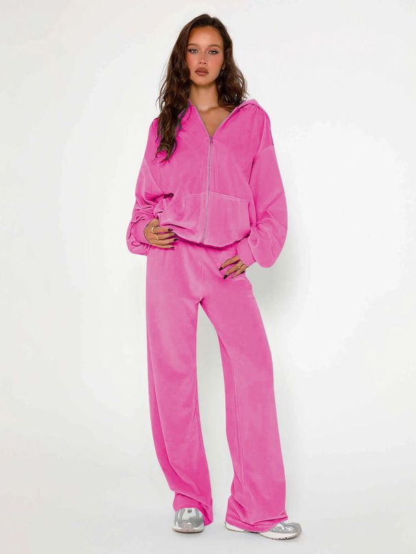 Women's Clothing Women's Fashion Loose Velvet Hooded Long Sleeves Large Pocket Zipper Straight Pants Suit_ecoleips.com