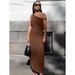 French Style Design Cotton Linen Brown Dress Spring And Summer One-Shoulder Cold-Shoulder Long Dress Women's Clothing_ecoleips.com
