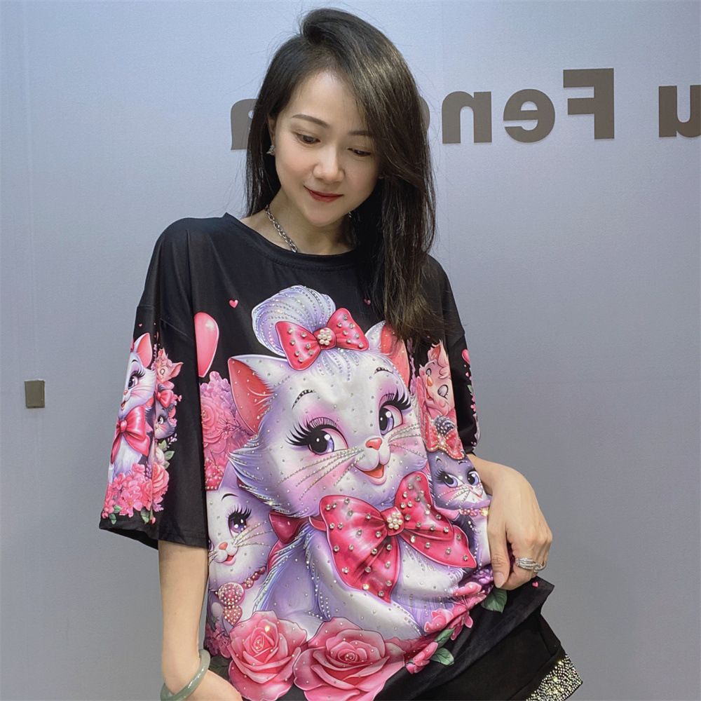 Women's Clothing Round Neck Short Sleeved T Shirt Women's Summer Printed Cat Casual Fashion Beaded Half Sleeved Large Size Top_ecoleips.com