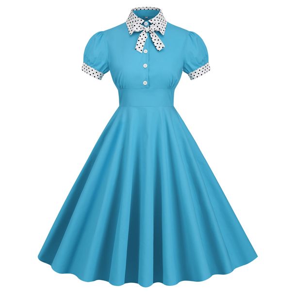 Vintage 50s Hepburn Style Polka Dot Bridesmaid Dress Contrasting Shirt Collar Retro Big Swing Slim Fit for Women_ecoleips.com