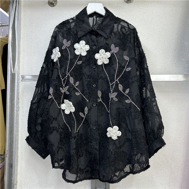 Women’s Clothing early autumn new long sleeved shirts, heavy diamond studded three dimensional flower embroidery, versatile slim chiffon shirt_ecoleips.com