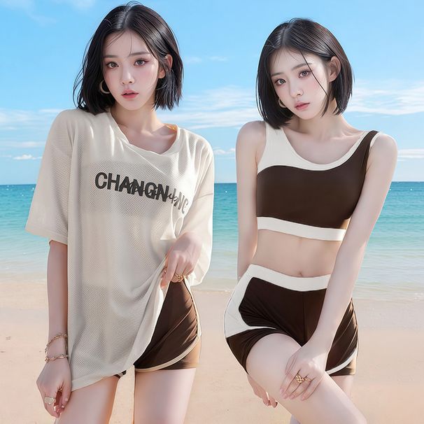 Women's Summer Two Piece Swimsuit Set Conservative Slimming Tummy Cover Sun Protection Three Piece Sports Swimwear_ecoleips.com
