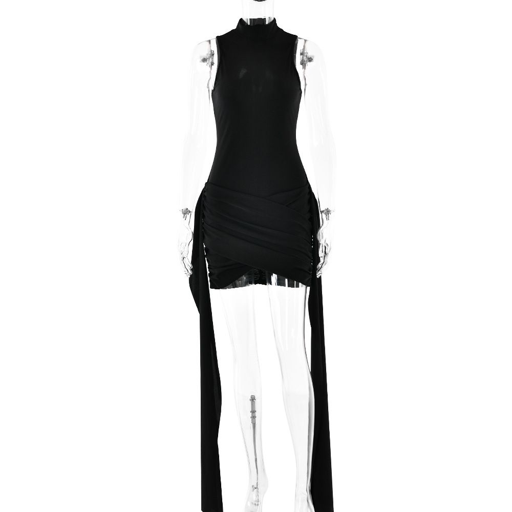 Hot Selling New Dress In Spring, Sexy And Elegant, Solid Color Round Neck Sleeveless Buttocks Tied Short Skirt_ecoleips.com