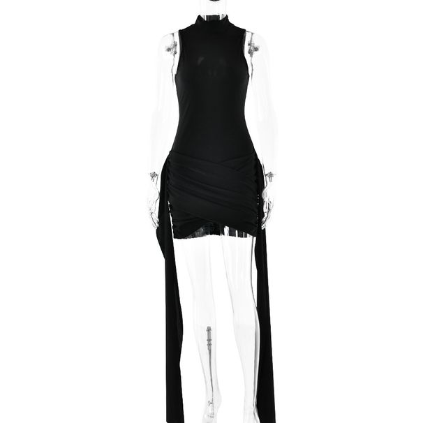 Hot Selling New Dress In Spring, Sexy And Elegant, Solid Color Round Neck Sleeveless Buttocks Tied Short Skirt_ecoleips.com