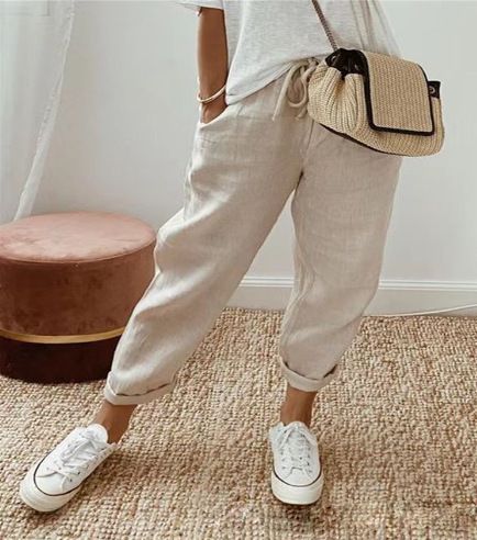 Women's Cotton Linen Elastic Waist Cropped Casual Pants Fashion_ecoleips.com