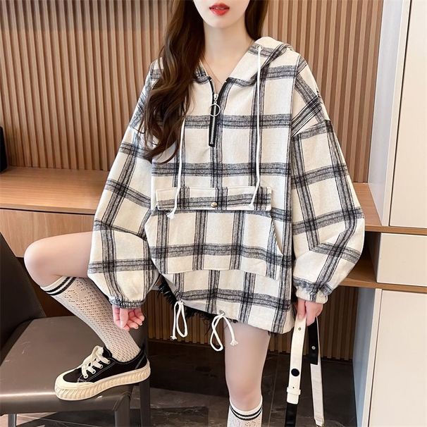 Plus-size Women's Korean-style Stylish Half-zip Hooded Sweatshirt, New Spring And Autumn Loose Plaid Long-sleeve Top,_ecoleips.com