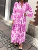 Women's Clothing New Stand Up Collar Trumpet Sleeve Printed Casual Dress_ecoleips.com