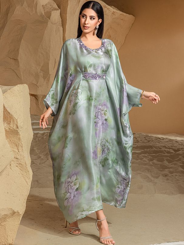 Women's Clothing New Satin Smudge Jacquard Print Belt Dress ABAYA_ecoleips.com