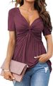 Women's Clothing V Neck Twist Front Shirt Short Sleeve Elegant Casual T Shirt Solid Color Pullover Top_ecoleips.com