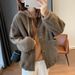 Faux Shearling Bomber Jacket For Women – Oversized Fleece-Lined Winter Coat With Glitter Accents, M-2XL (Navy/Khaki)_ecoleips.com