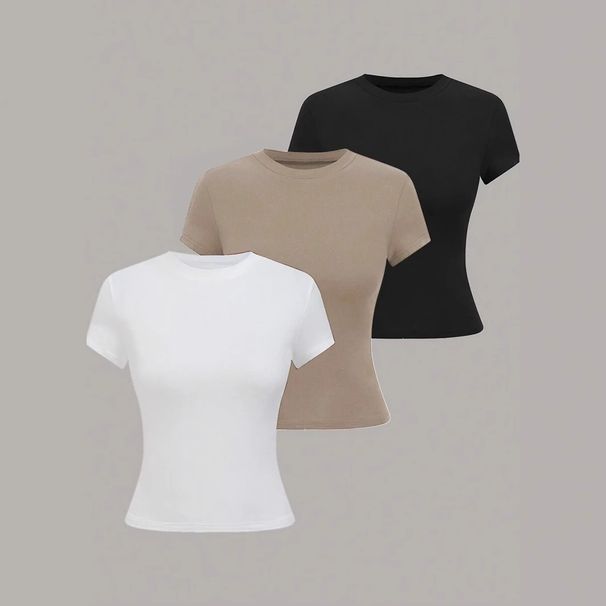 Women's Slim Fit T-Shirt Set 3 Piece Summer Round Neck Short Sleeve Clothing_ecoleips.com