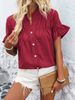 Verve 2025 Women's Casual Short Sleeve Gathered Shirt Button Solid Color Cotton Linen Stand Collar Blouse_ecoleips.com