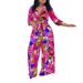 Women's Fashion Print Two-piece Suit Lapel Tie Shirt Wide Leg Pants Suit_ecoleips.com