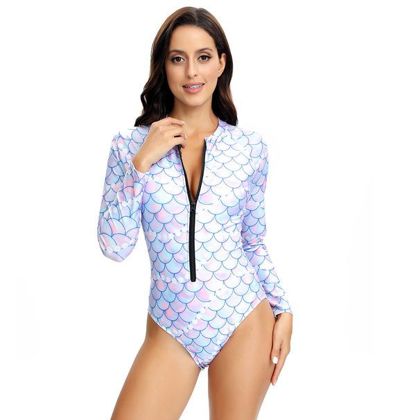 Women's Clothing Competitive Sports Swimsuit For Women Long Sleeved Multi Color Printed Zipper One Piece Snorkeling Surfing_ecoleips.com