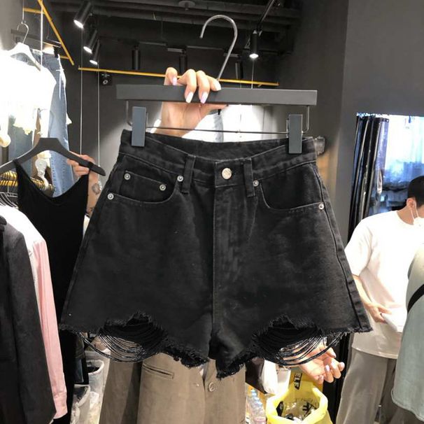 2025s Black Ripped Denim For Women Summer 2025 New High Waist Slimming Korean Style Fringed Wide Leg Shorts_ecoleips.com