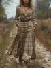 Autumn And Winter Women's V-Neck Plaid Long Sleeve Long Skirt Country Pastoral Vintage Dress_ecoleips.com