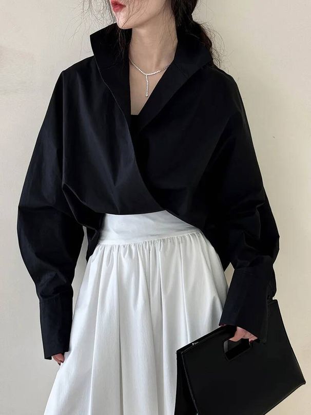 Fashion White Silhouette Shirt Women's Stand Collar Cross Loose Long Sleeves Sense Of Design Blouse New P58Q_ecoleips.com