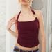 Elegant Halter Neck Top With Metal Ring Detail, Solid Color Summer Casual Stretch Polyester Spandex Blouse For Women_ecoleips.com