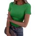 Women's Clothing Fashion Short Sleeve Elastic Round Neck Ribbed Slim Fit T Shirt Tops_ecoleips.com