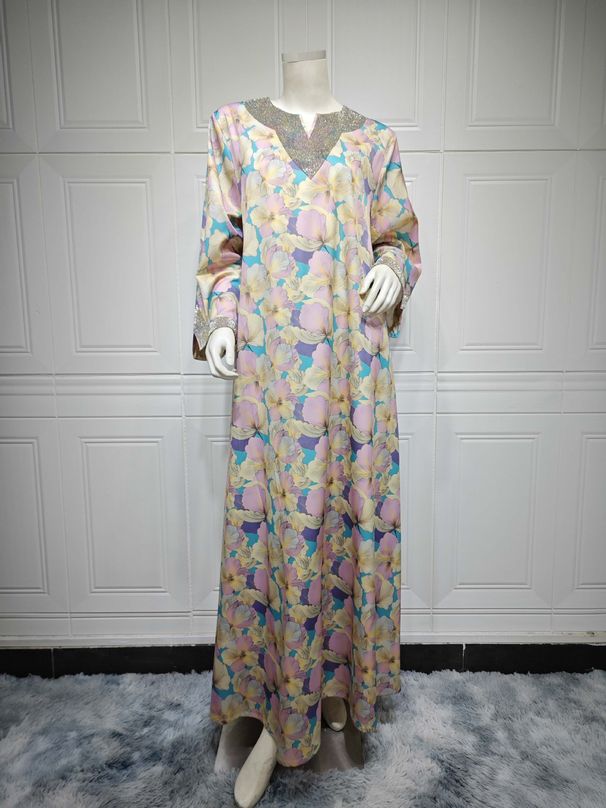 Luxury Dubai-Style Jalabiya – Embellished Rhinestone Robe With Floral Print (Light Pink, S-XXL) – Premium Polyester Modest Evening Dress_ecoleips.com