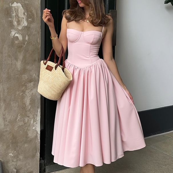 Women's Clothing Sexy Dress Hot Girl Women's Sexy V Neck Suspender Mid Length Skirt Waist Slimming Backless Dress For Women_ecoleips.com