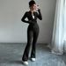 Voya Women's Black Slim Fit And Slimming Zipper Stand Up Collar Top, Slightly Flared Pants, Fashionable Two-piece Set For Women_ecoleips.com